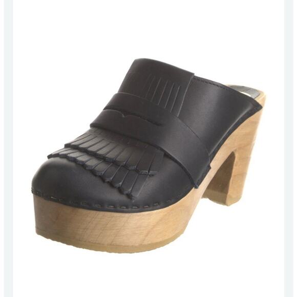 No. 6 by Sven Women’s Black Fringe Wooden Leather Clogs Size 37 Boho Hippie - Picture 2 of 12